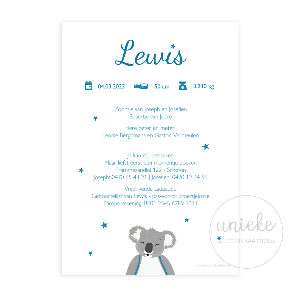 geboortekaartje-lewis-koala-achterkant De achterkant van het geboortekaartje van Lewis met een koala