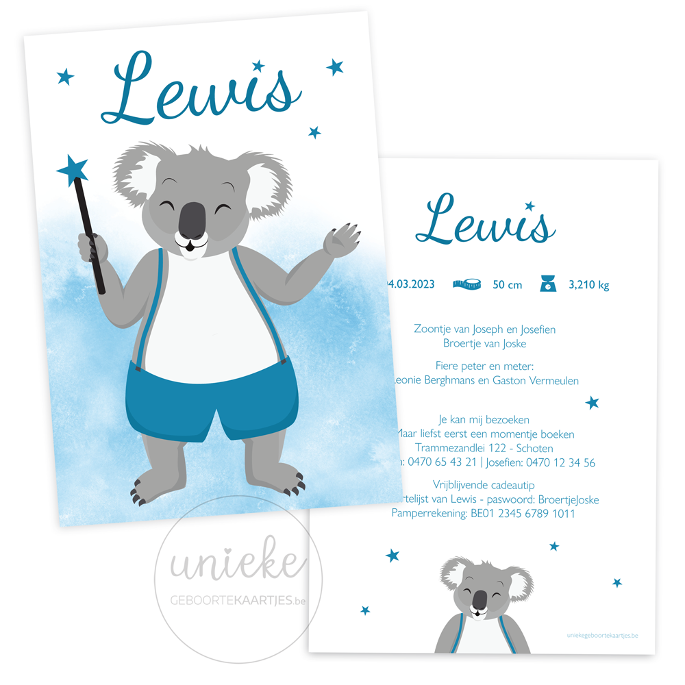 geboortekaartje-lewis-koala De voorkant en de achterkant van het geboortekaartje van Lewis