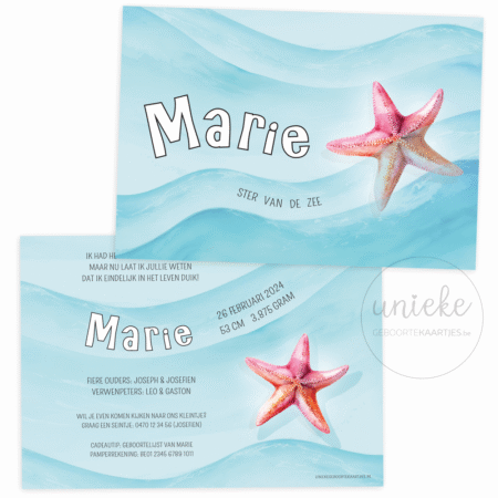 De voorkant en de achterkant van het geboortekaartje van Marie met een zeester