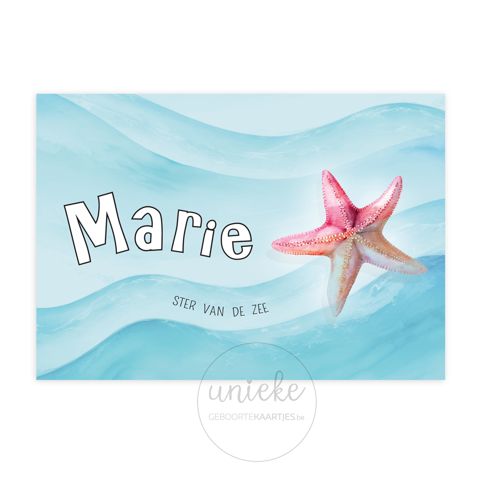 De voorkant van het geboortekaartje van Marie met een zeester