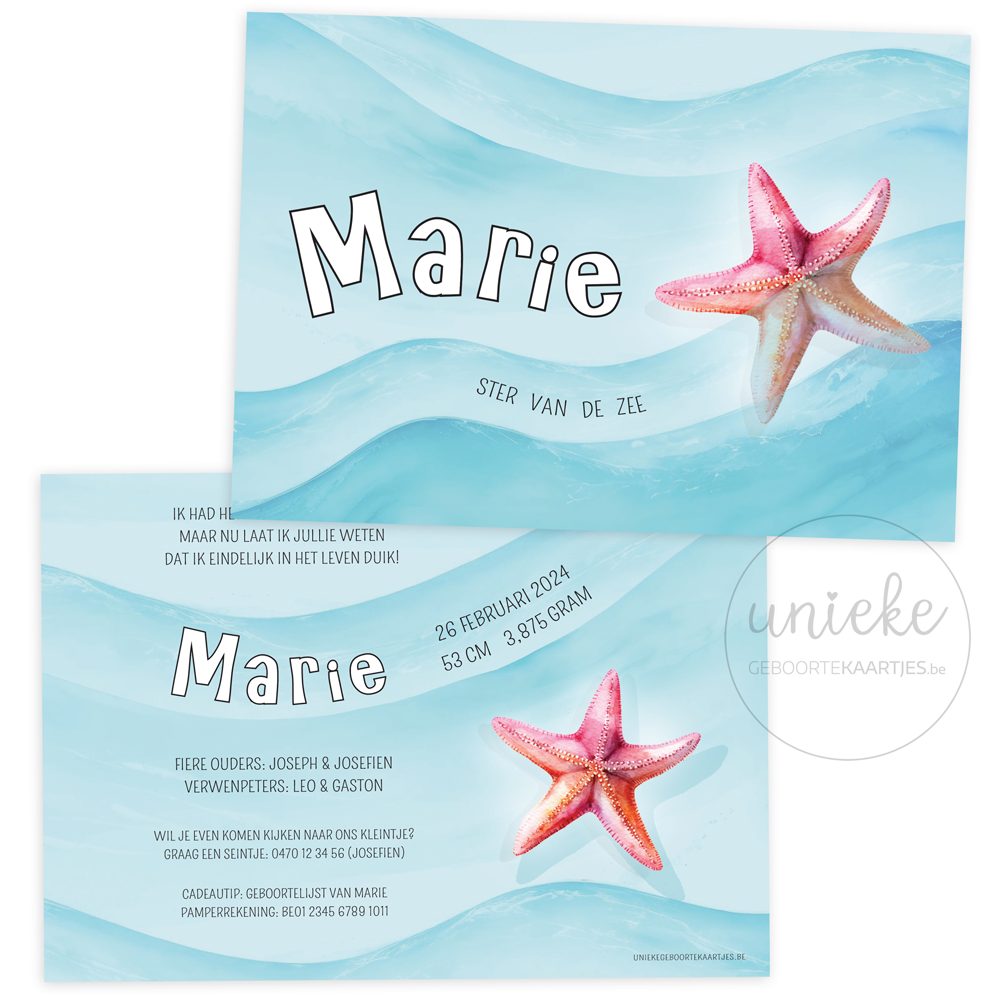 De voorkant en de achterkant van het geboortekaartje van Marie met een zeester