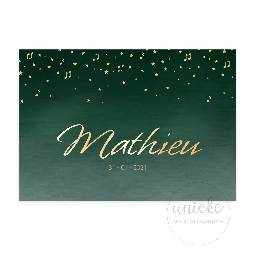 De voorkant van het geboortekaartje van Mathieu met muzieknoten