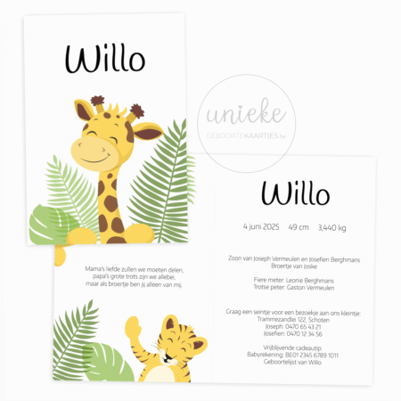 De voorkant en de binnenkant van het kaartje van Willo met een giraf
