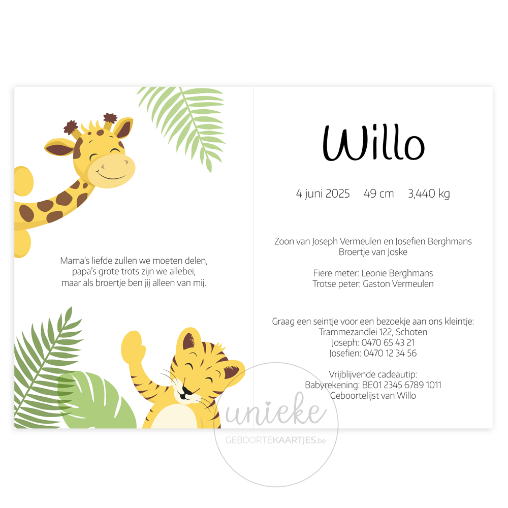De binnenkant van het geboortekaartje van Willo met een giraf