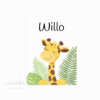 De voorkant van het geboortekaartje van Willo met een giraf
