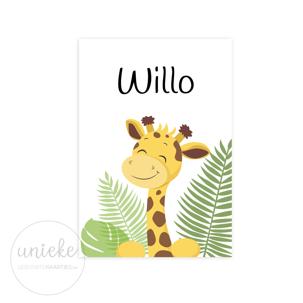 De voorkant van het geboortekaartje van Willo met een giraf