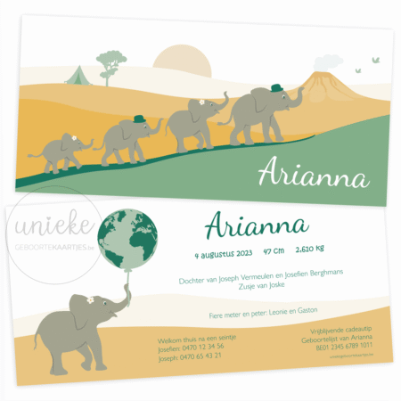 De voorkant en de achterkant van het geboortekaartje van Arianna met olifanten