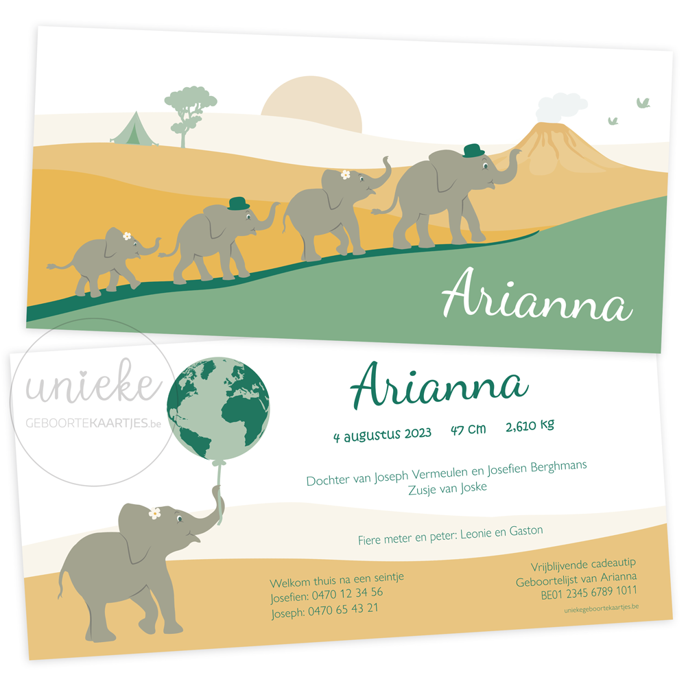 De voorkant en de achterkant van het geboortekaartje van Arianna met olifanten