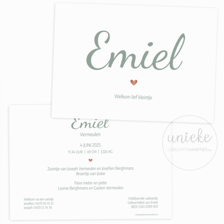 De voorkant en de achterkant van het kaartje van Emiel met een hartje