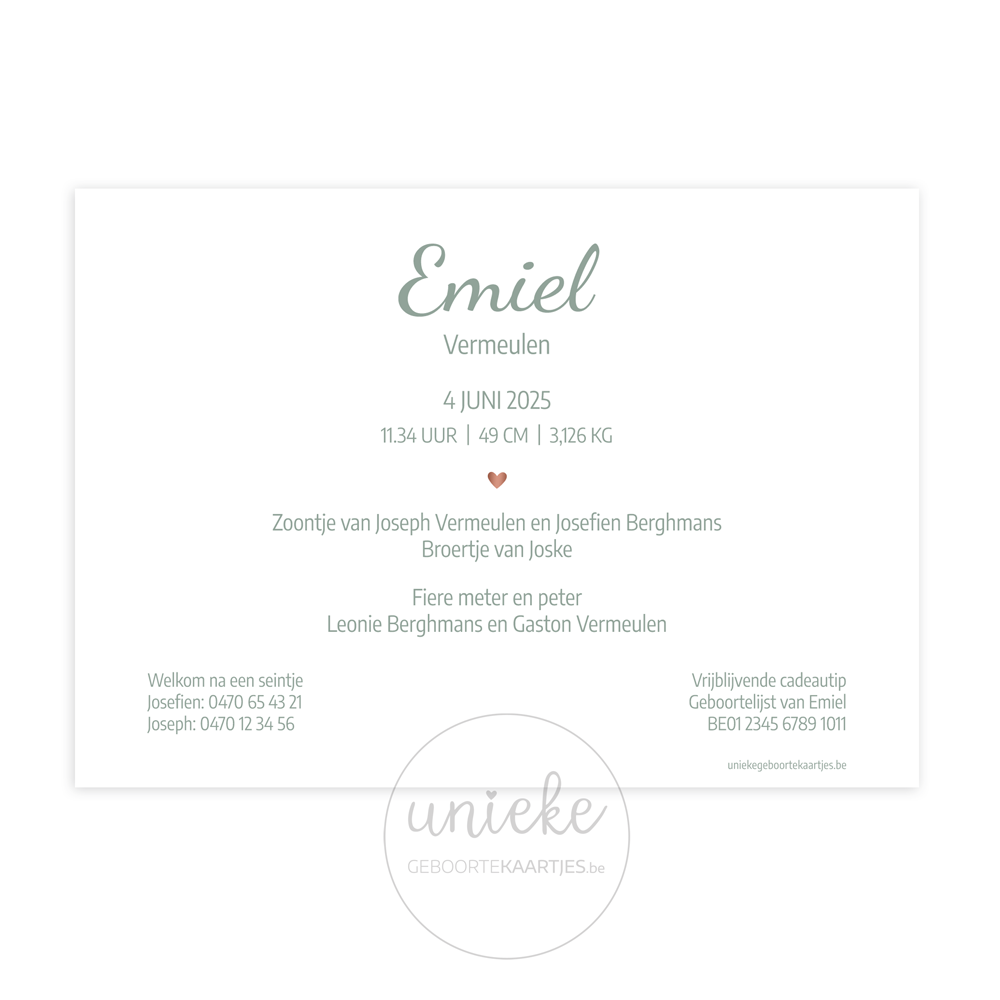 De achterkant van het kaartje van Emiel met hartje