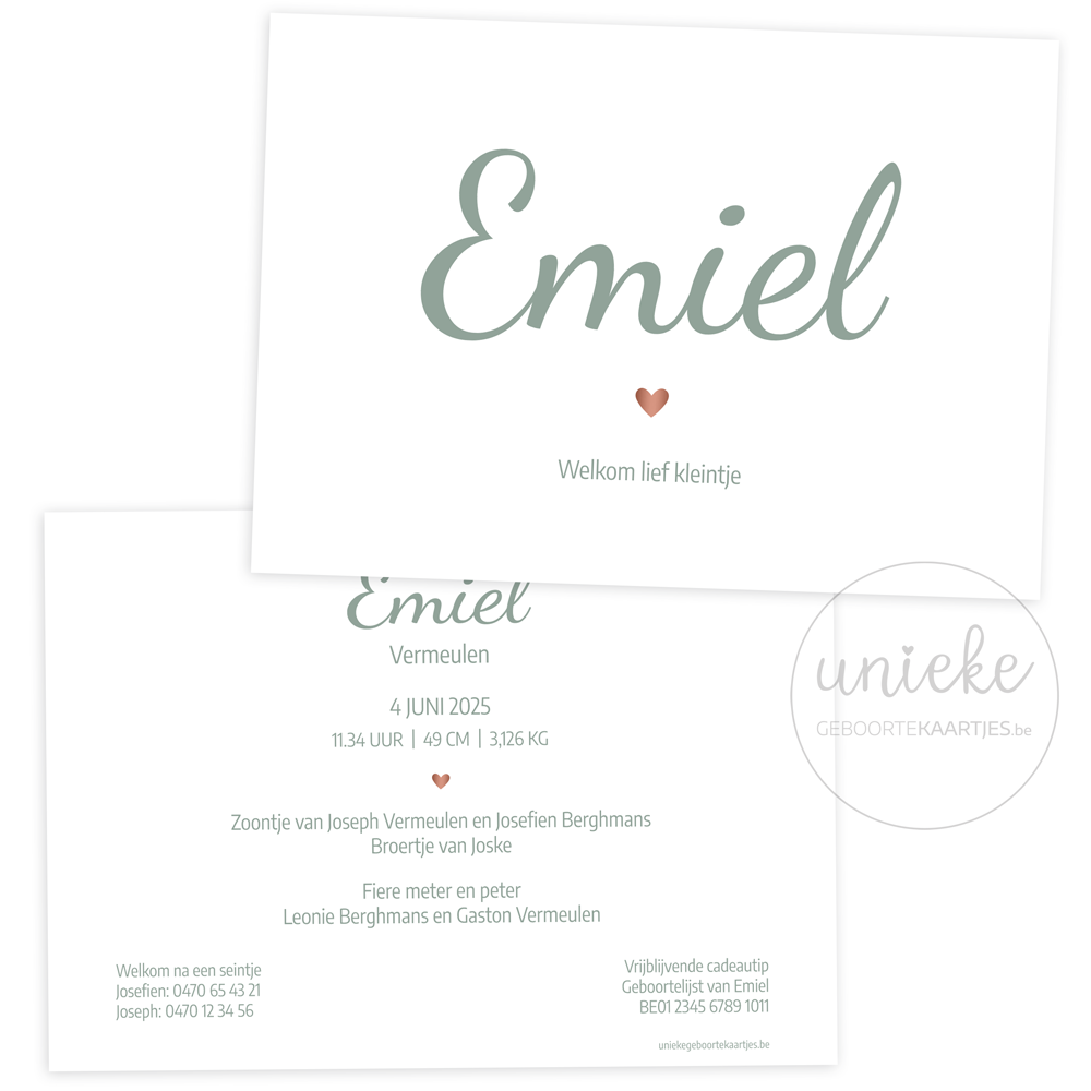 De voorkant en de achterkant van het kaartje van Emiel met een hartje