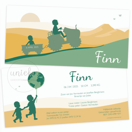 De voorkant en de achterkant van het kaartje van Finn met een tractor