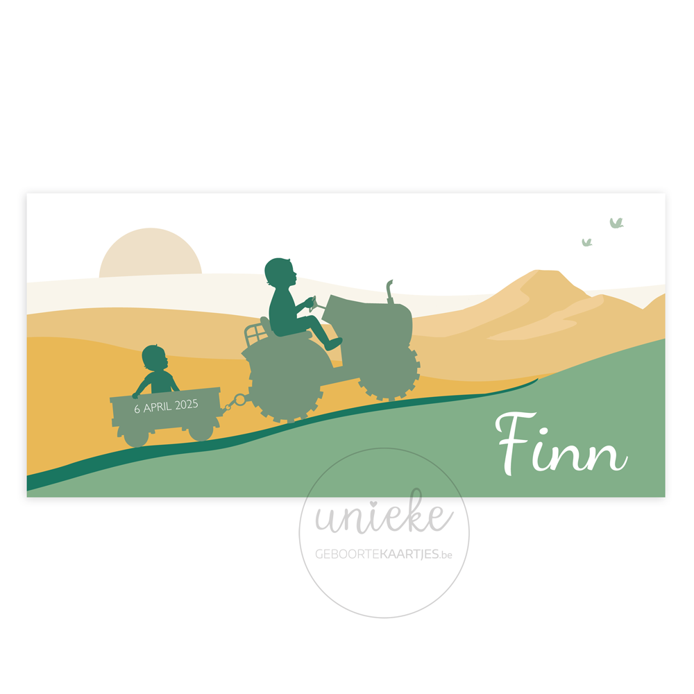 De voorkant van het geboortekaartje van Finn met een tractor