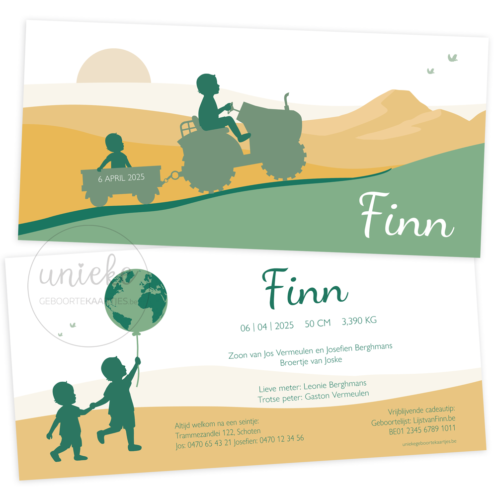 De voorkant en de achterkant van het kaartje van Finn met een tractor