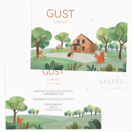 De voorkant en de achterkant van het geboortekaartje van Gust met een huis dat op maat gemaakt is