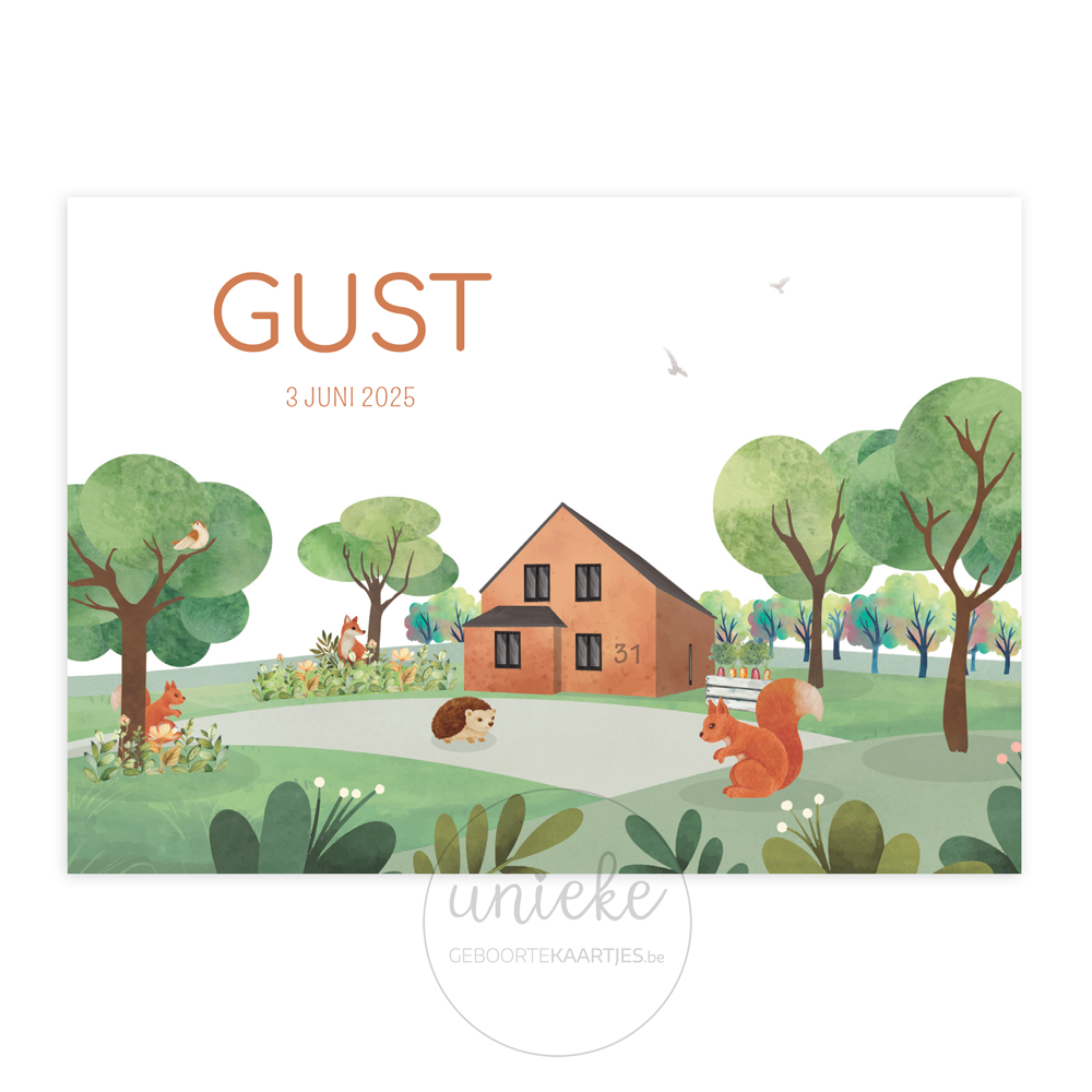 De voorkant van het geboortekaartje van Gust met een huis dat op maat gemaakt is