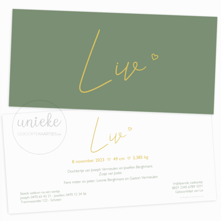 De voorkant en de achterkant van het geboortekaartje van Liv met olijfgroen