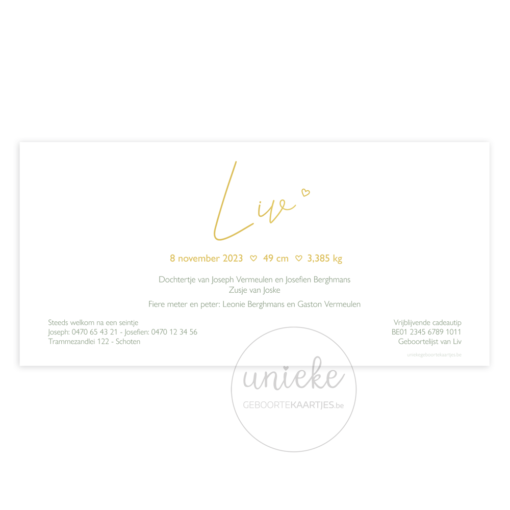 De achterkant van het geboortekaartje van Liv met olijfgroen