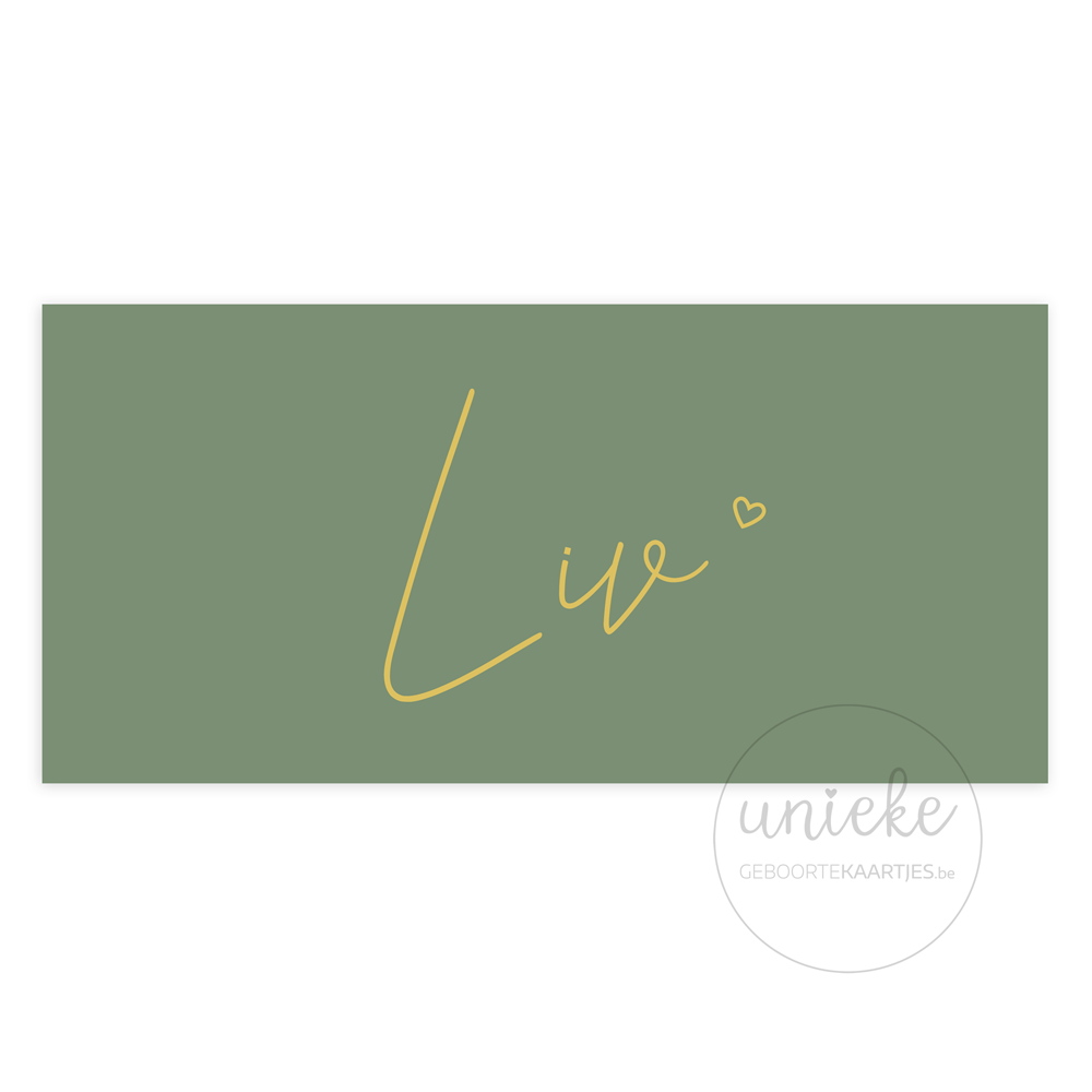 De voorkant van het geboortekaartje van Liv met olijfgroen