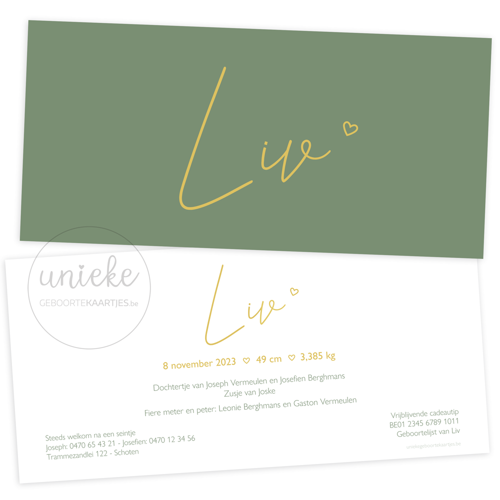 De voorkant en de achterkant van het geboortekaartje van Liv met olijfgroen