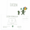 De voorkant en de achterkant van het geboortekaartje van Lucien met leeuwtjes
