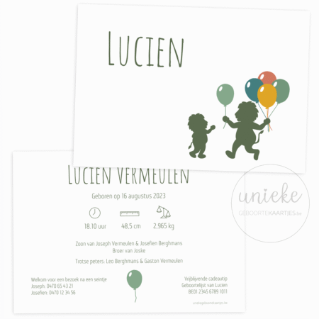 De voorkant en de achterkant van het geboortekaartje van Lucien met leeuwtjes