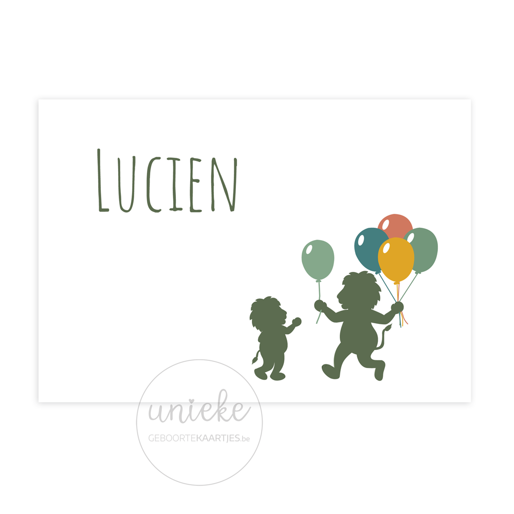 De voorkant van het geboortekaartje va Lucien met leeuwtjes