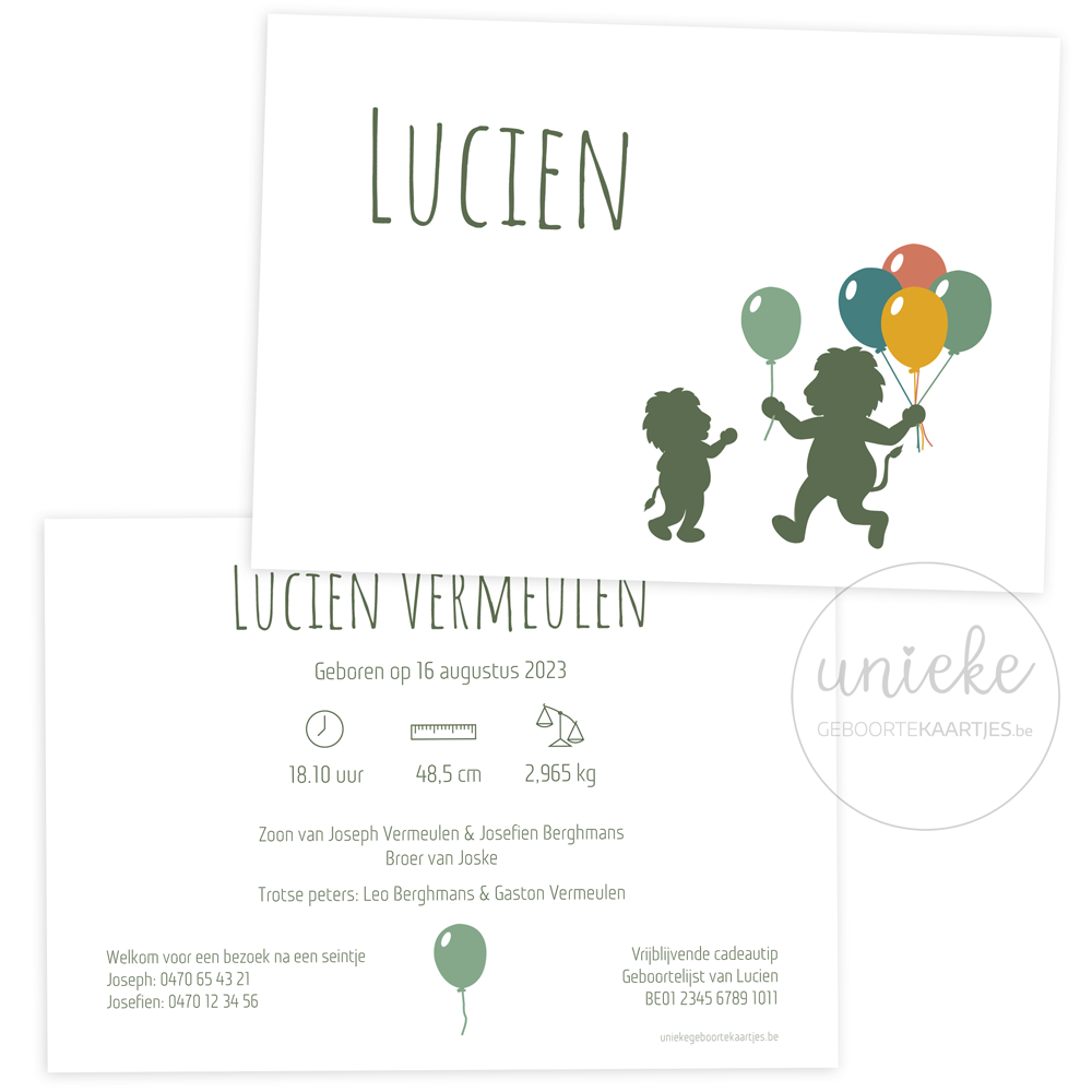 De voorkant en de achterkant van het geboortekaartje van Lucien met leeuwtjes