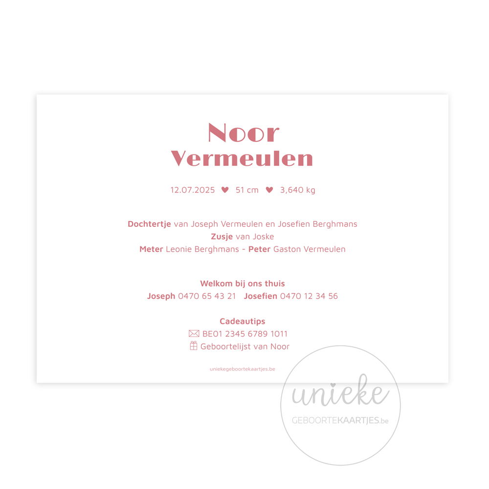 De achterkant van het geboortekaartje van Noor met roze