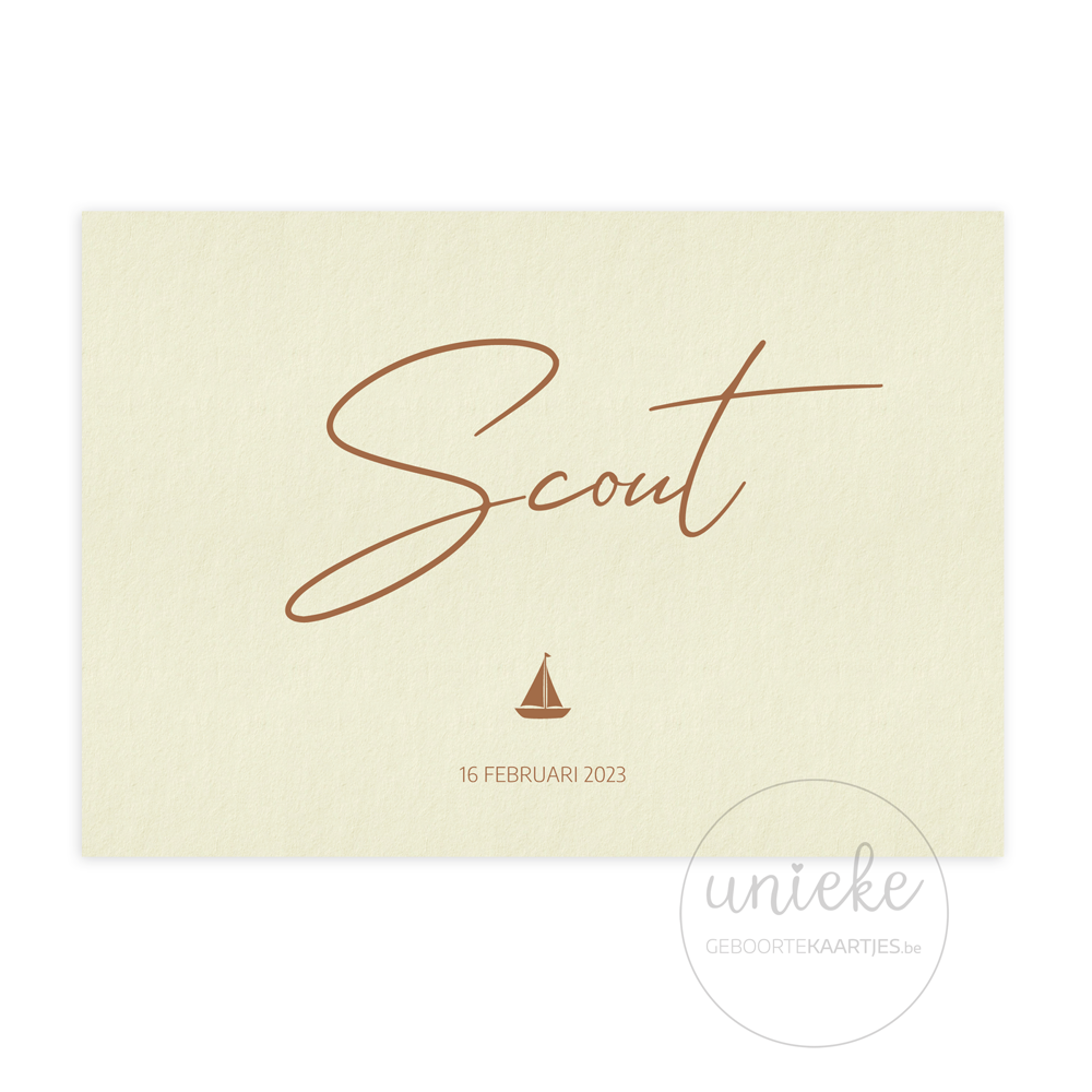 De voorkant van het geboortekaartje van Scout met een bootje