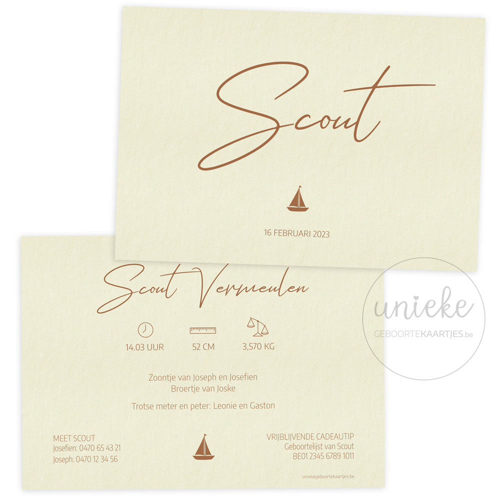 De voorkant en de achterkant van het kaartje van Scout met een bootje