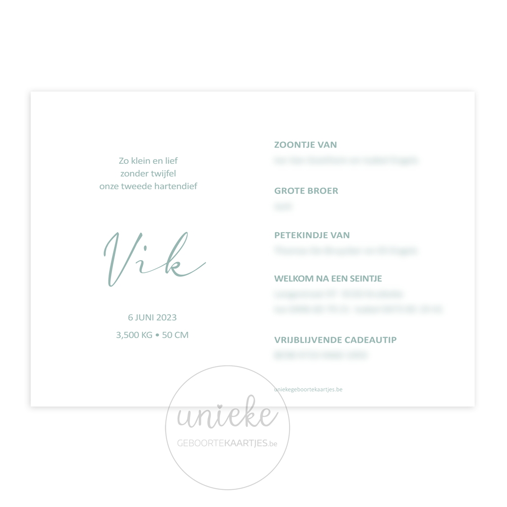 De achterkant van het geboortekaartje van Vik met linnen op maat gemaakt