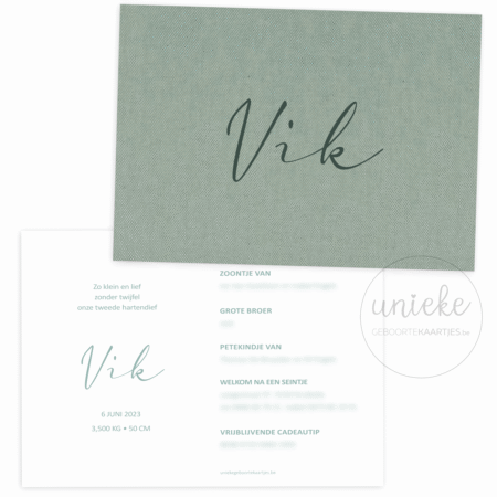 De voorkant en de achterkant van het geboortekaartje van Vik met linnen op maat gemaakt