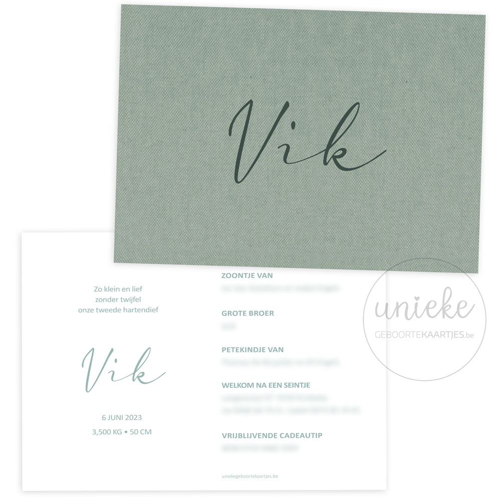 De voorkant en de achterkant van het geboortekaartje van Vik met linnen op maat gemaakt