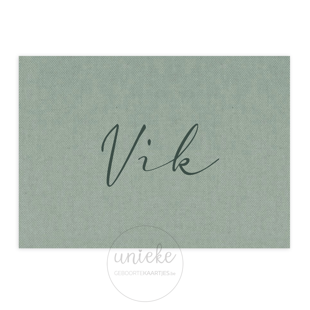 De voorkant van het geboortekaartje van Vik met linnen op maat gemaakt