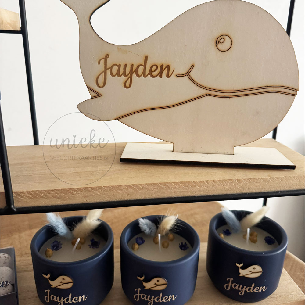 De doopsuikerpresentatie van Jayden met een houten walvis