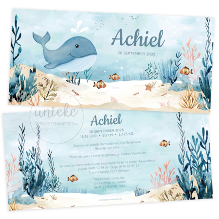 De voorkant en achterkant van het geboortekaartje van Achiel met een walvis