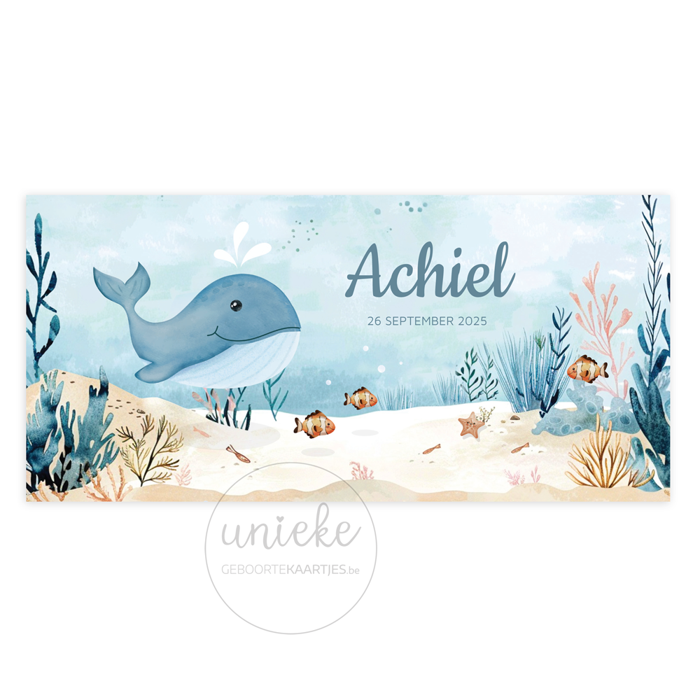 De voorkant van het geboortekaartje van Achiel met een walvis