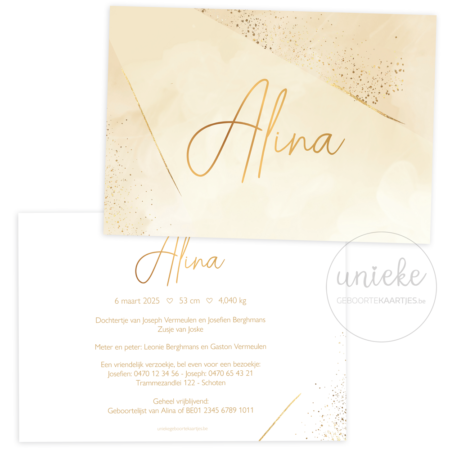 De voorkant en de achterkant van het geboortekaartje van Alina met spikkels