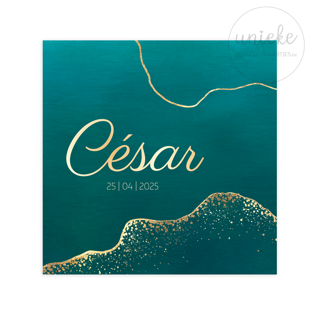 De voorkant van het kaartje van César met petrolblauw