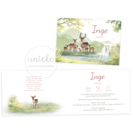 De voorkant en binnenkant van het geboortekaartje van Inge met een familie herten