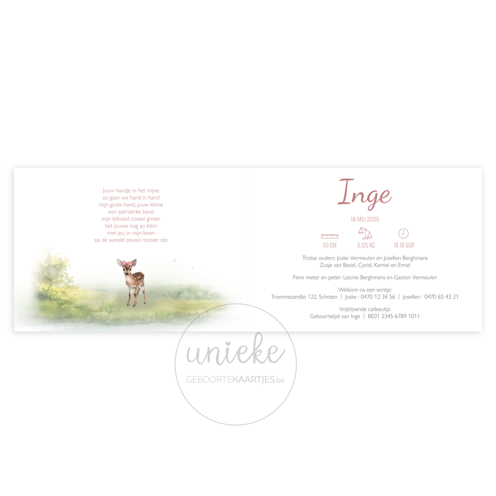 De binnenkant van het geboortekaartje van Inge met een familie herten