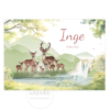 De voorkant van het geboortekaartje van Inge met een familie herten