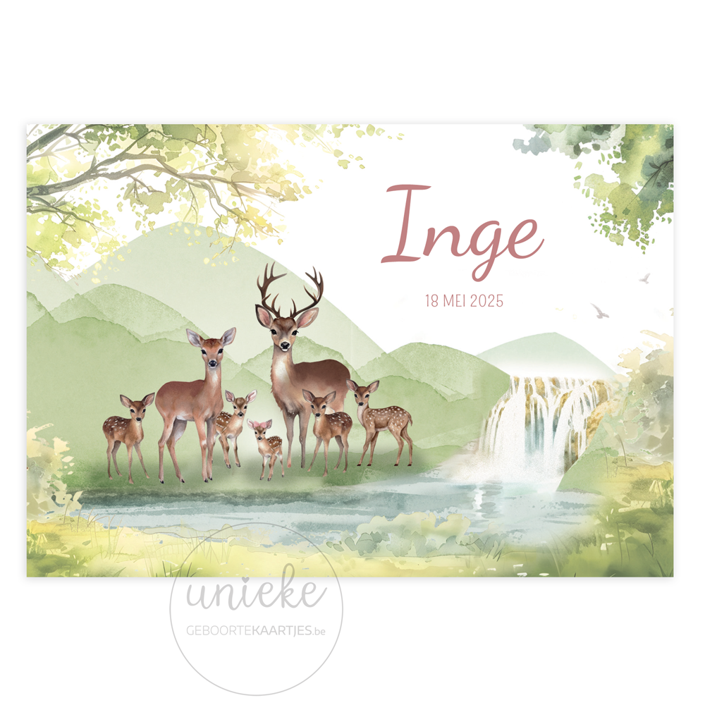 De voorkant van het geboortekaartje van Inge met een familie herten