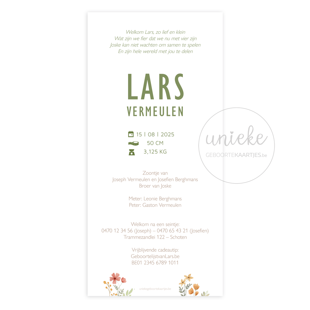 De achterkant van het geboortekaartje van Lars met een beer