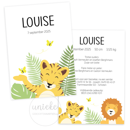 De voorkant en de achterkant van het geboortekaartje van Louise met een tijger