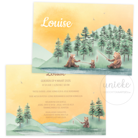 De voorkant en de achterkant van het geboortekaartje van Louise met zon