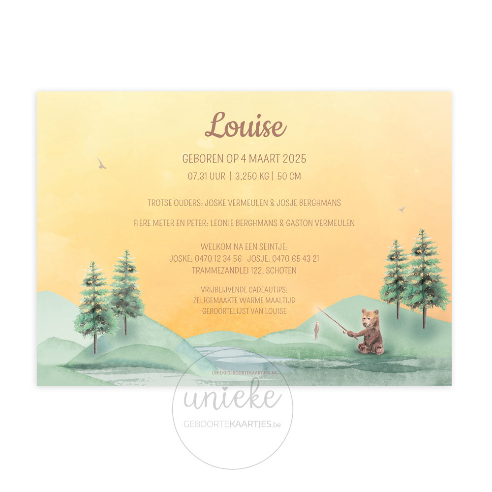 De achterkant van het geboortekaartje van Louise met zon