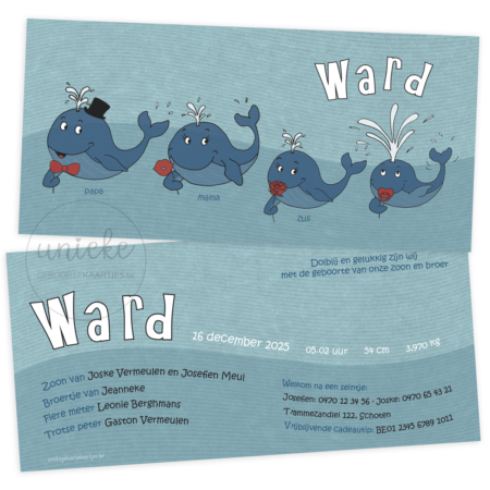 De voorkant en achterkant van het geboortekaartje van Ward met walvissen