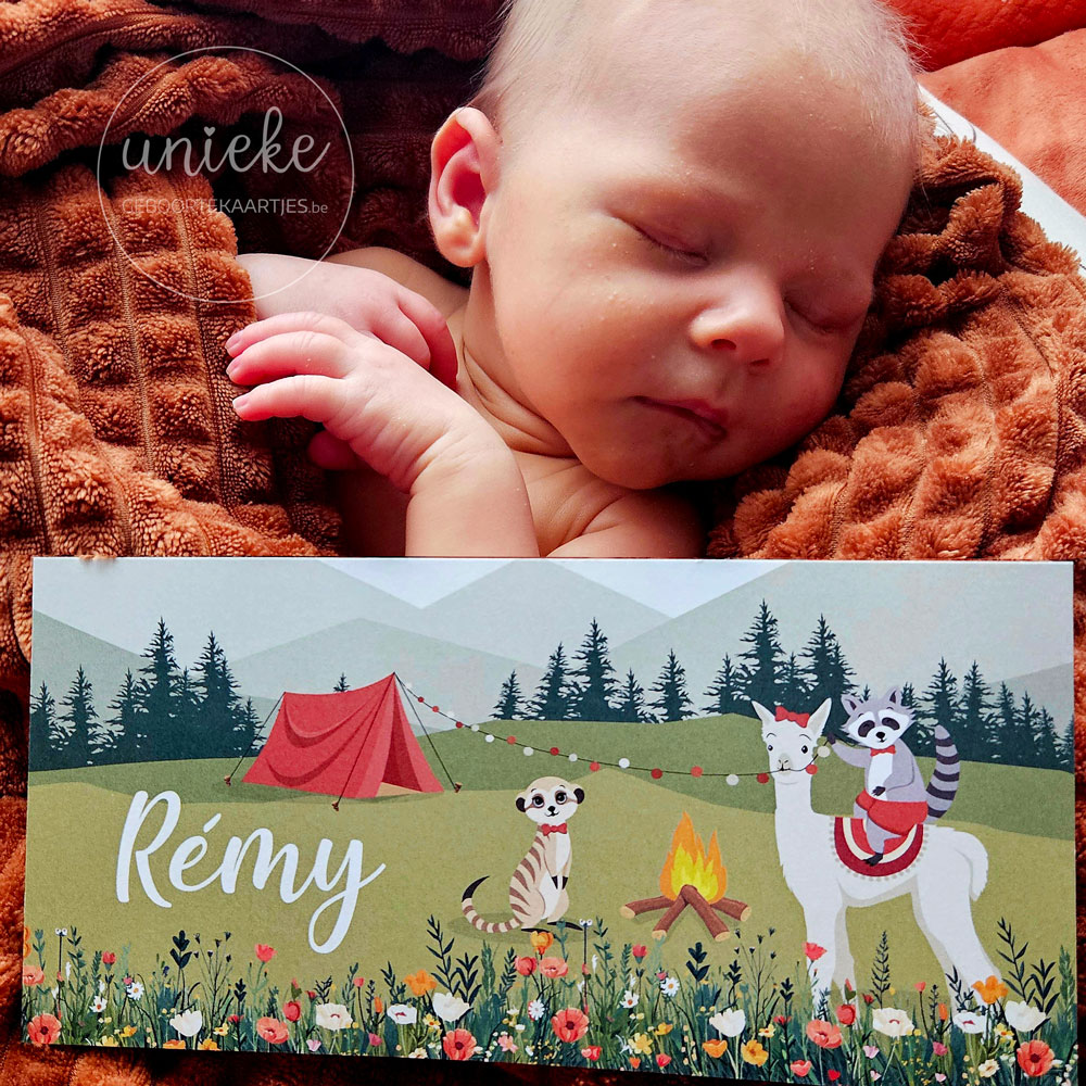 Een foto van Remy met zijn geboortekaartje